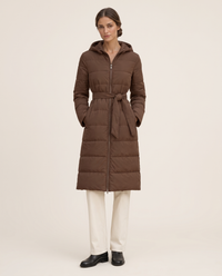 Long Belted Hooded Winter Coat — studio front
