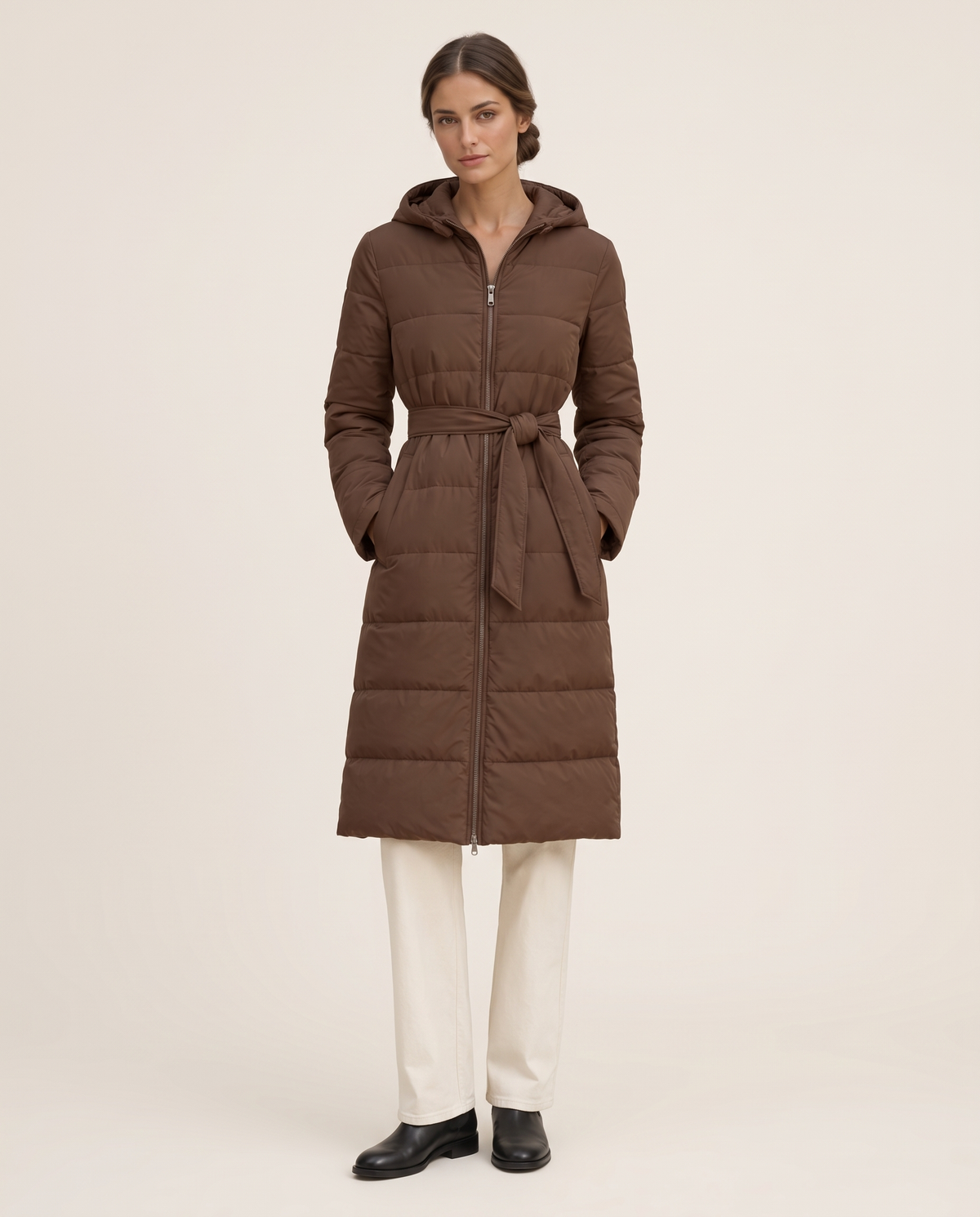 Long Belted Hooded Winter Coat — studio front