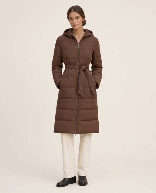 Long Belted Hooded Winter Coat — studio front