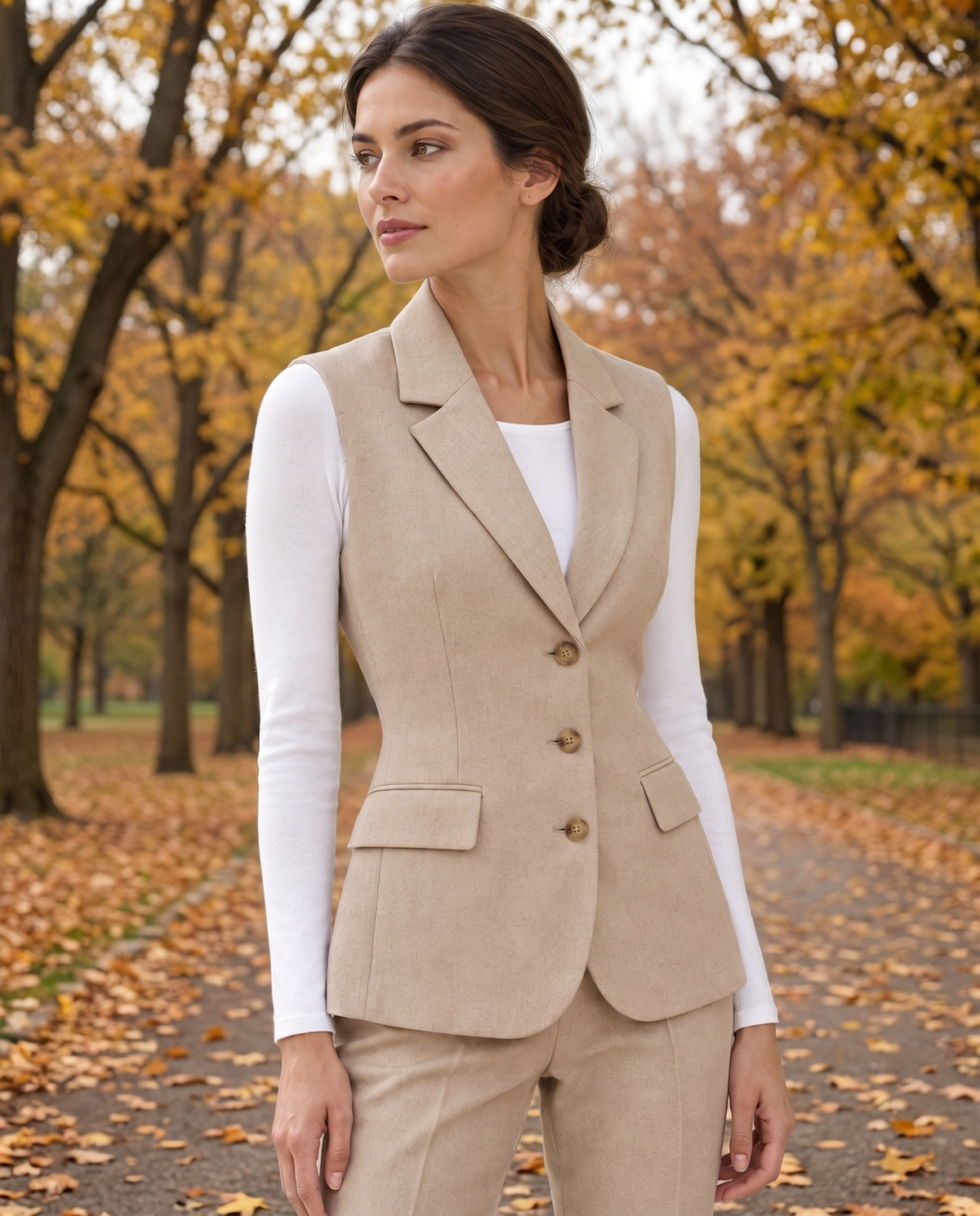Fitzrovia Tailored Notch-Collar Blazer Vest — worn in Central Park in autumn