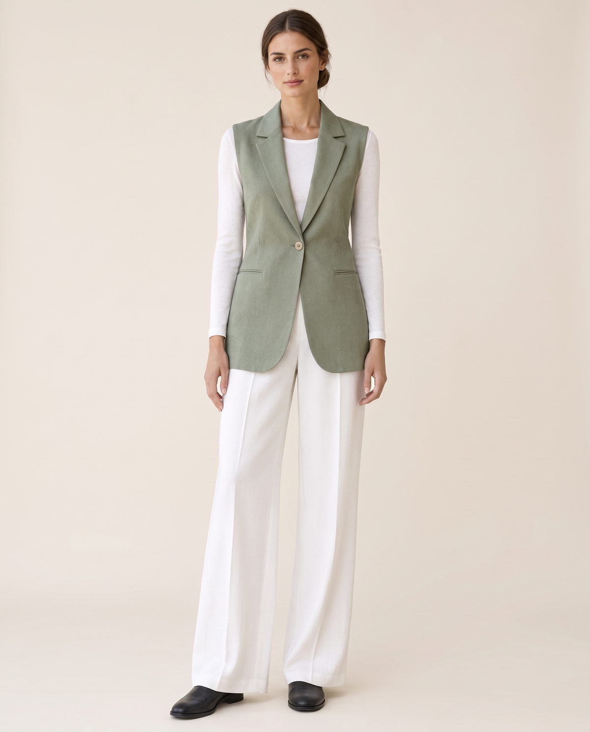 Fitzrovia Tailored Notch-Collar Blazer Vest — sage green, studio front