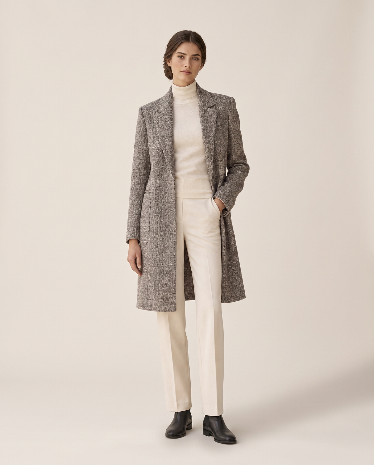 Textured Knee-Length Coat with Blazer Collar — worn open, studio front