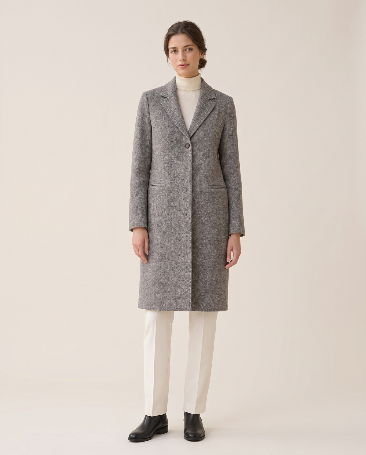 Textured Knee-Length Coat with Blazer Collar — studio front