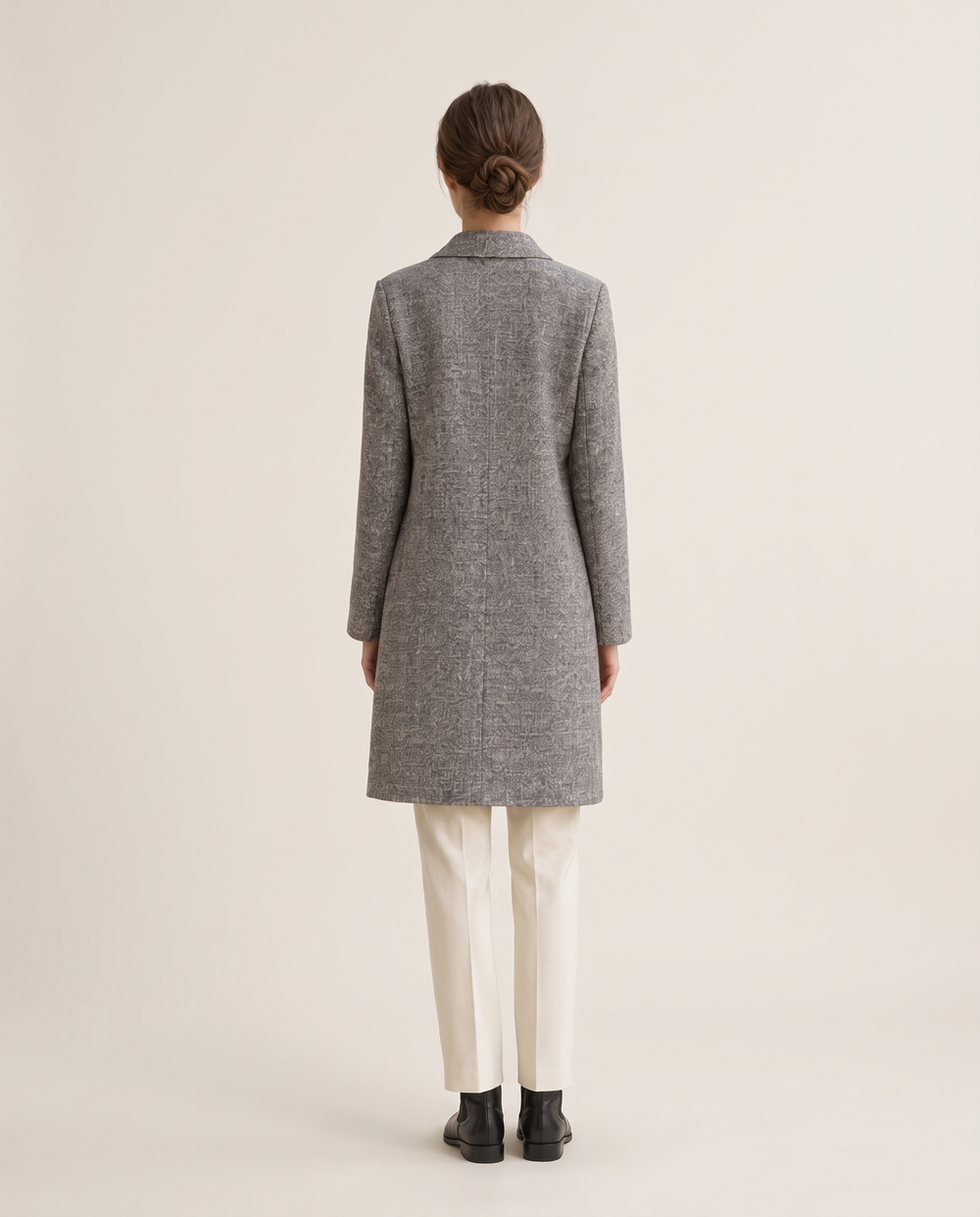 Textured Knee-Length Coat with Blazer Collar — studio back