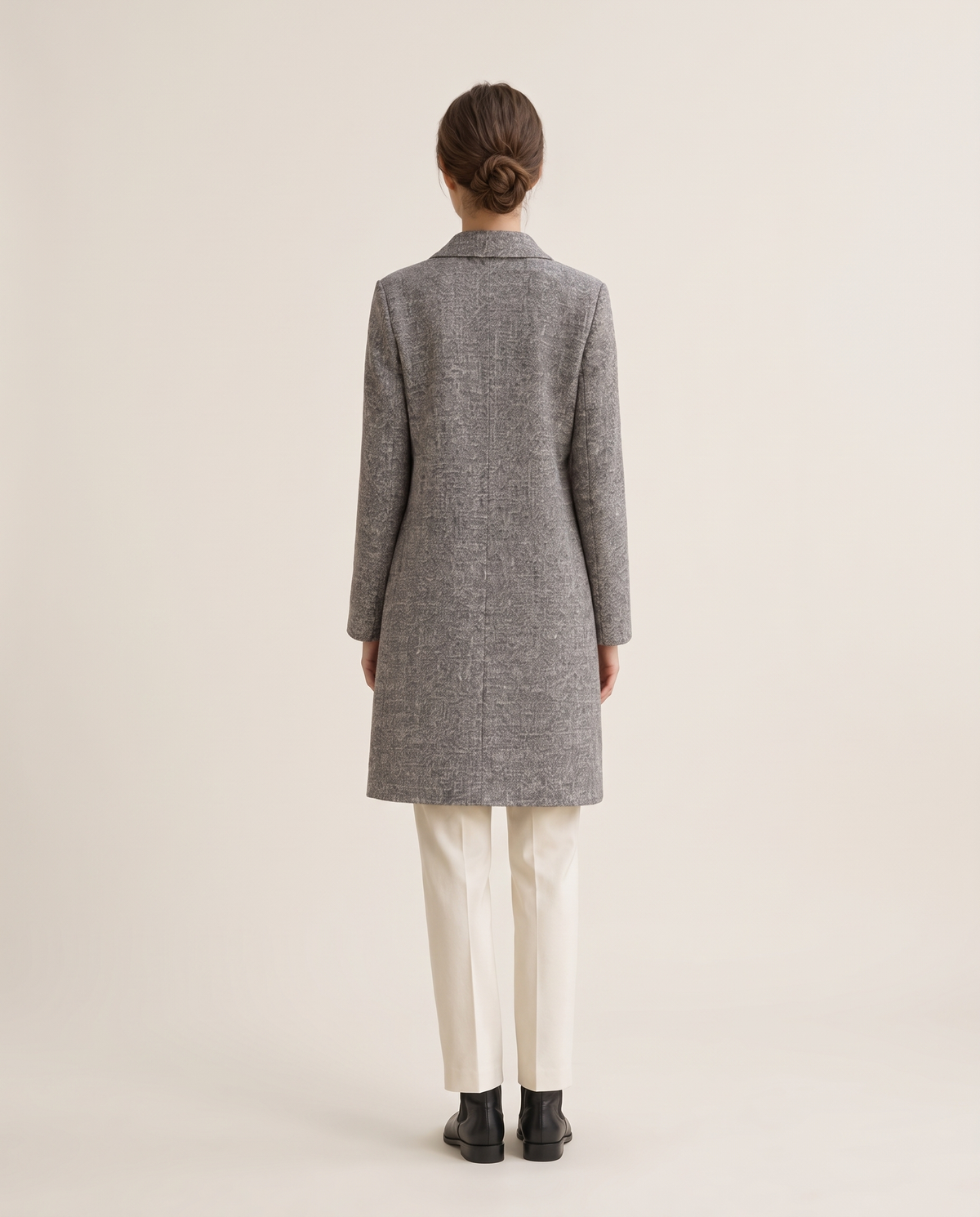 Textured Knee-Length Coat with Blazer Collar — studio back