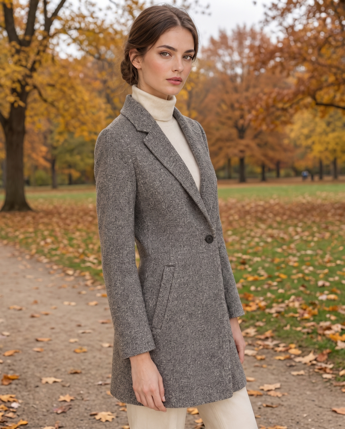 Textured Knee-Length Coat with Blazer Collar — worn in Central Park in autumn