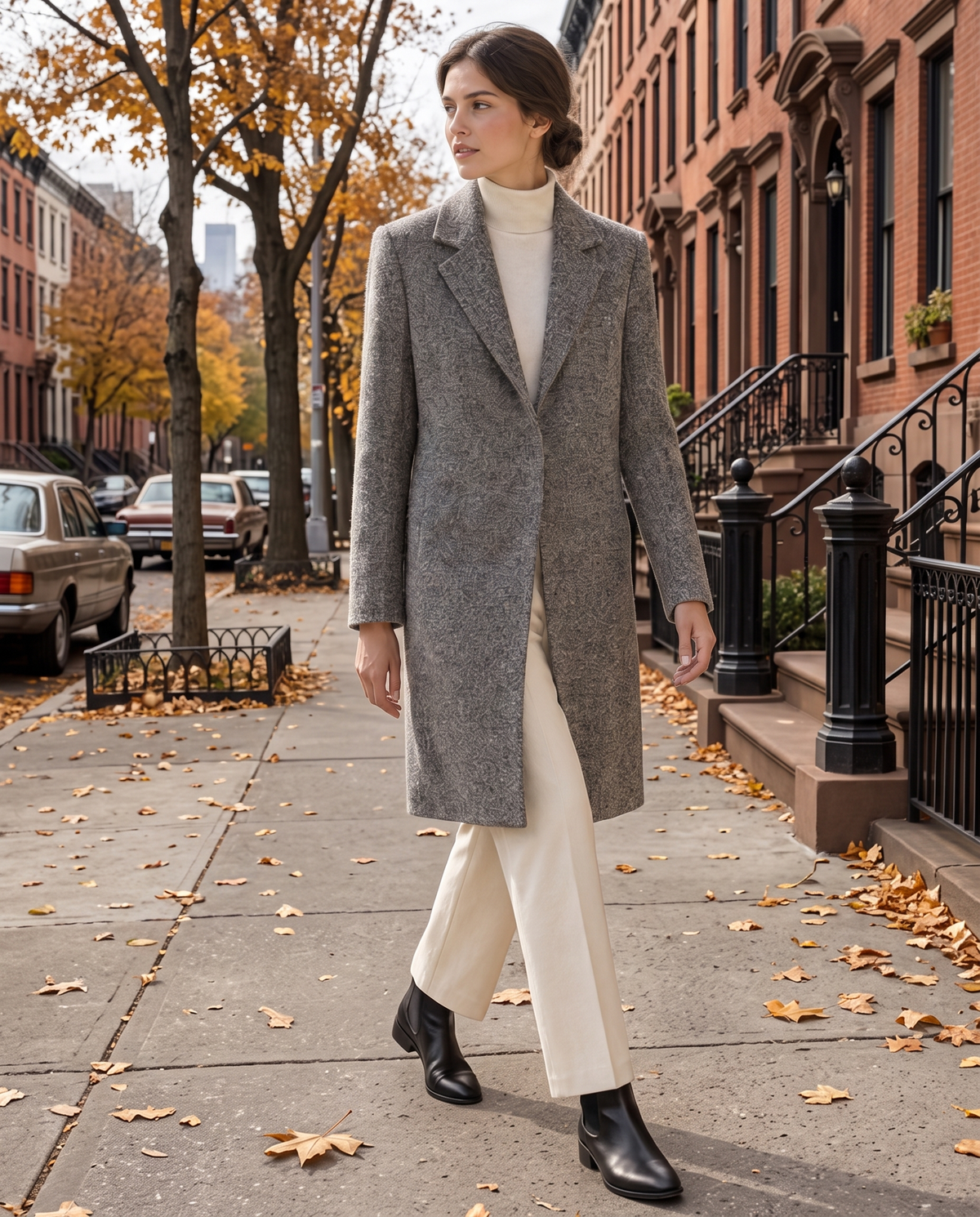 Textured Knee-Length Coat with Blazer Collar — worn on a New York street in autumn