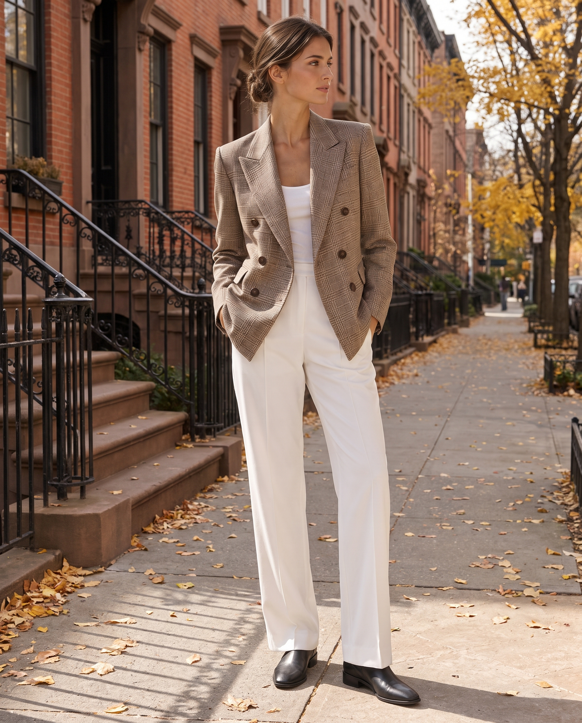 Quimper Tailored Plaid Peak Lapel Blazer — worn on a New York street in autumn