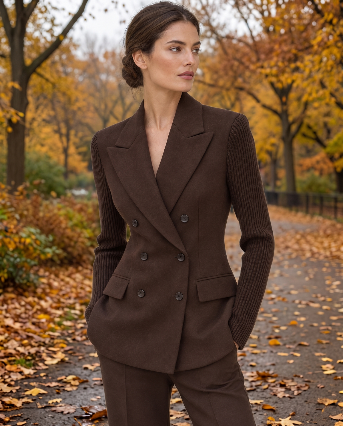 Cascadia Structured Double-Breasted Blazer with Ribbed Sleeves — worn in Central Park in autumn