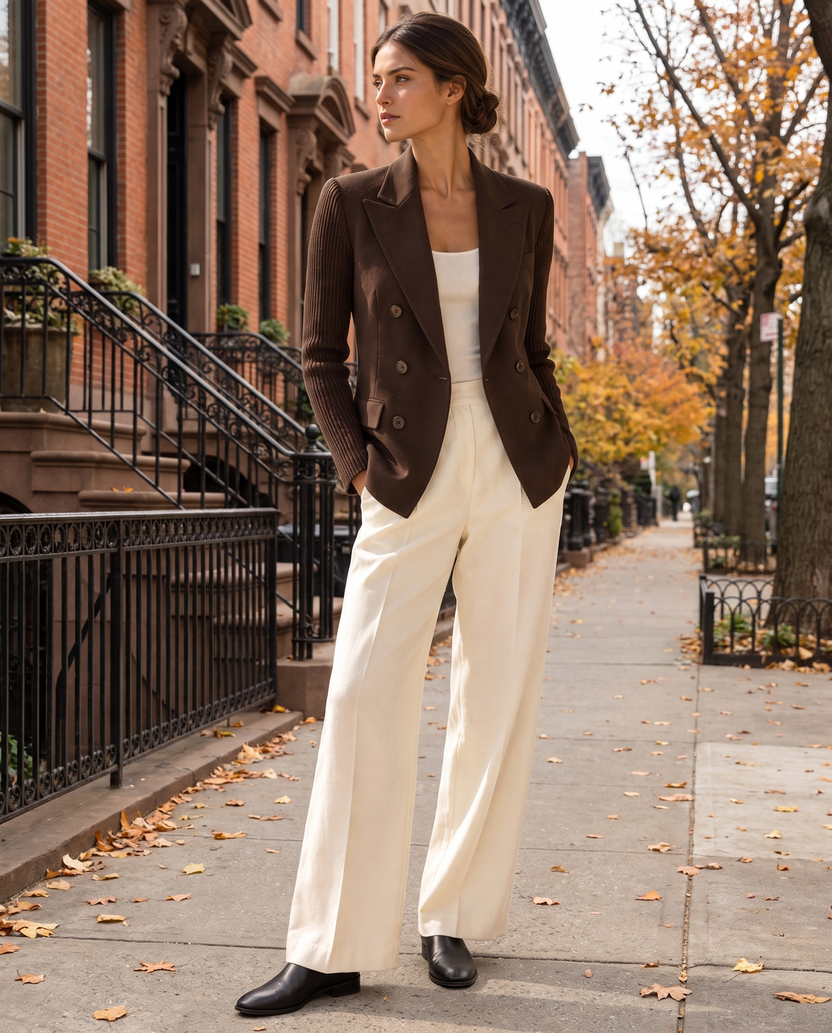 Cascadia Structured Double-Breasted Blazer with Ribbed Sleeves — worn on a New York street in autumn
