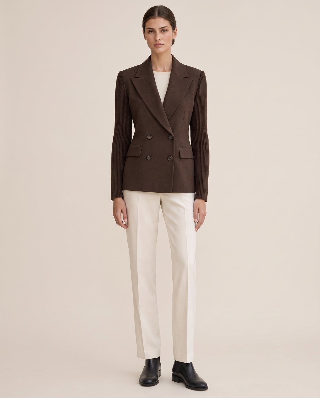 Cascadia Structured Double-Breasted Blazer with Ribbed Sleeves — studio front