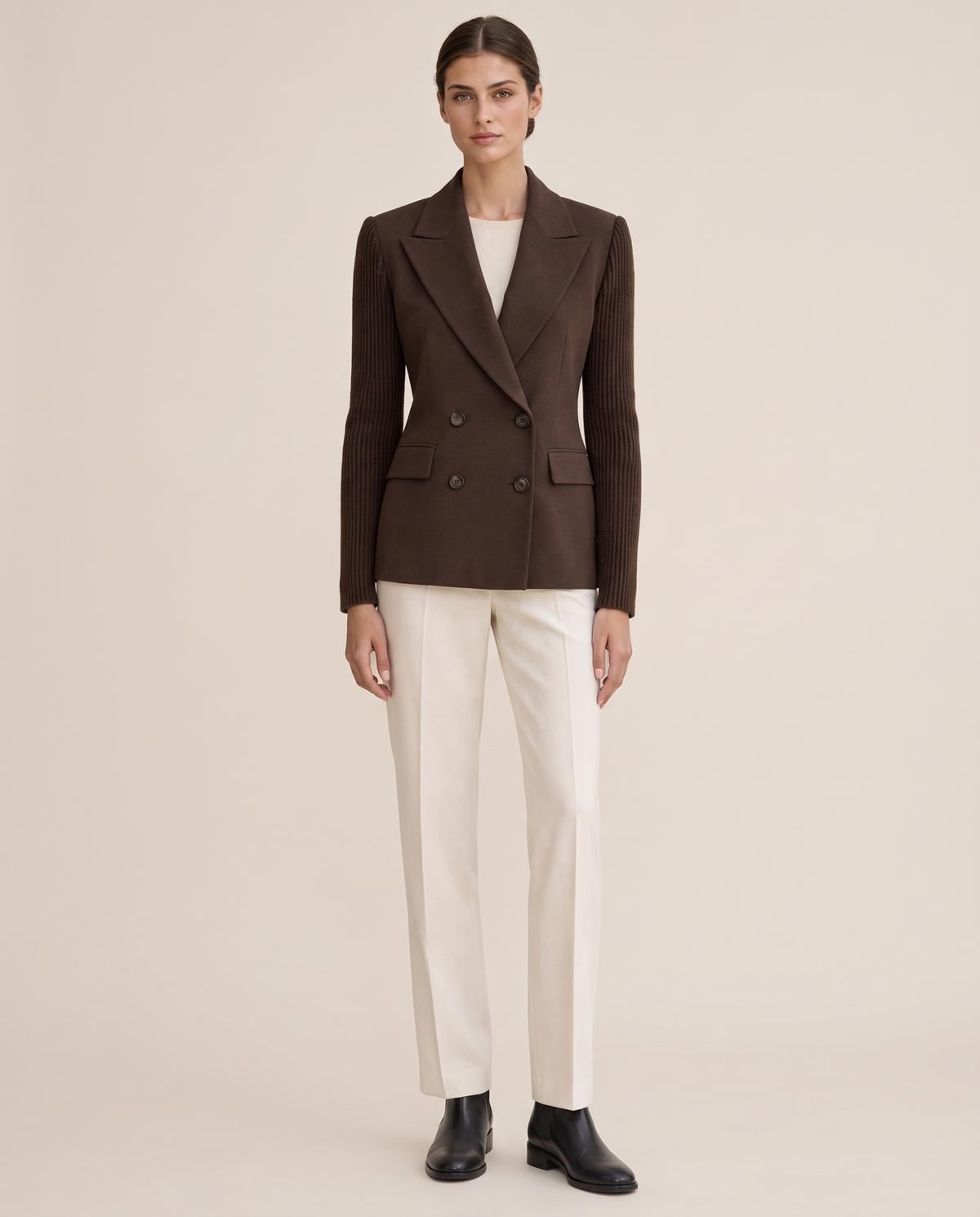 Cascadia Structured Double-Breasted Blazer with Ribbed Sleeves — studio front