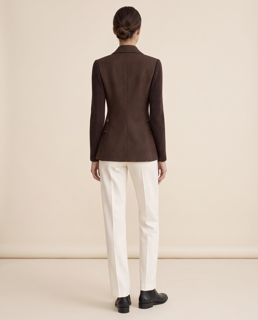 Cascadia Structured Double-Breasted Blazer with Ribbed Sleeves — studio back