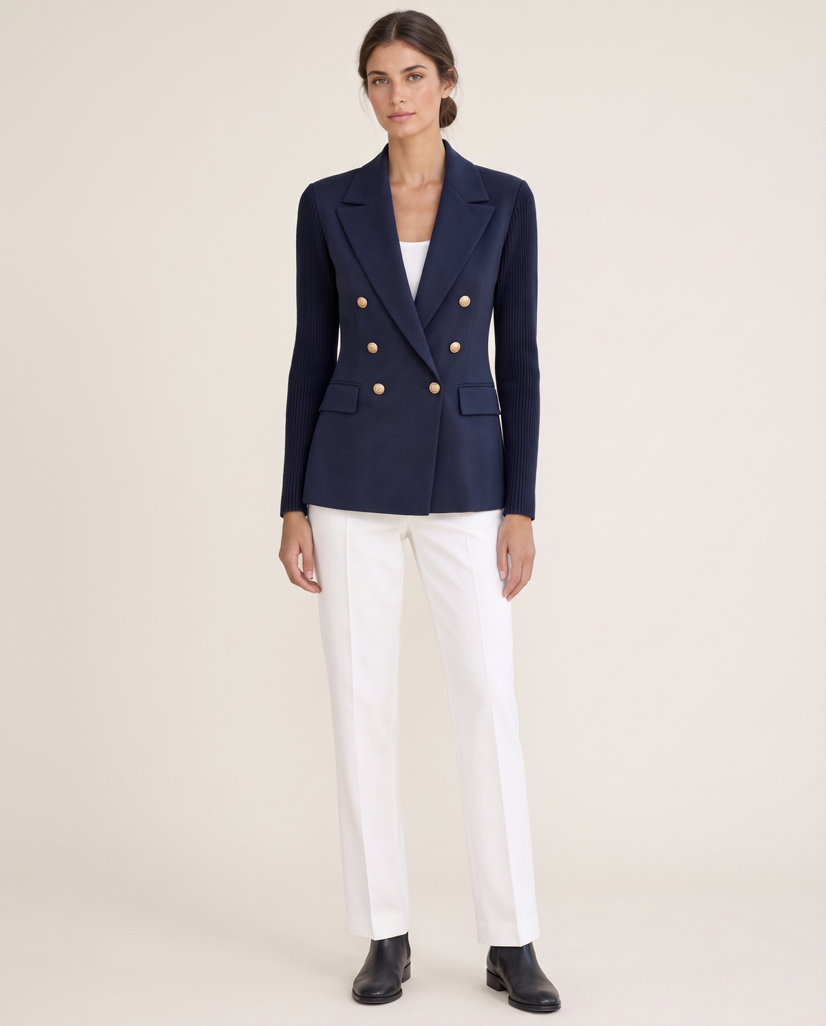 Cascadia Structured Double-Breasted Blazer with Ribbed Sleeves — navy, studio front