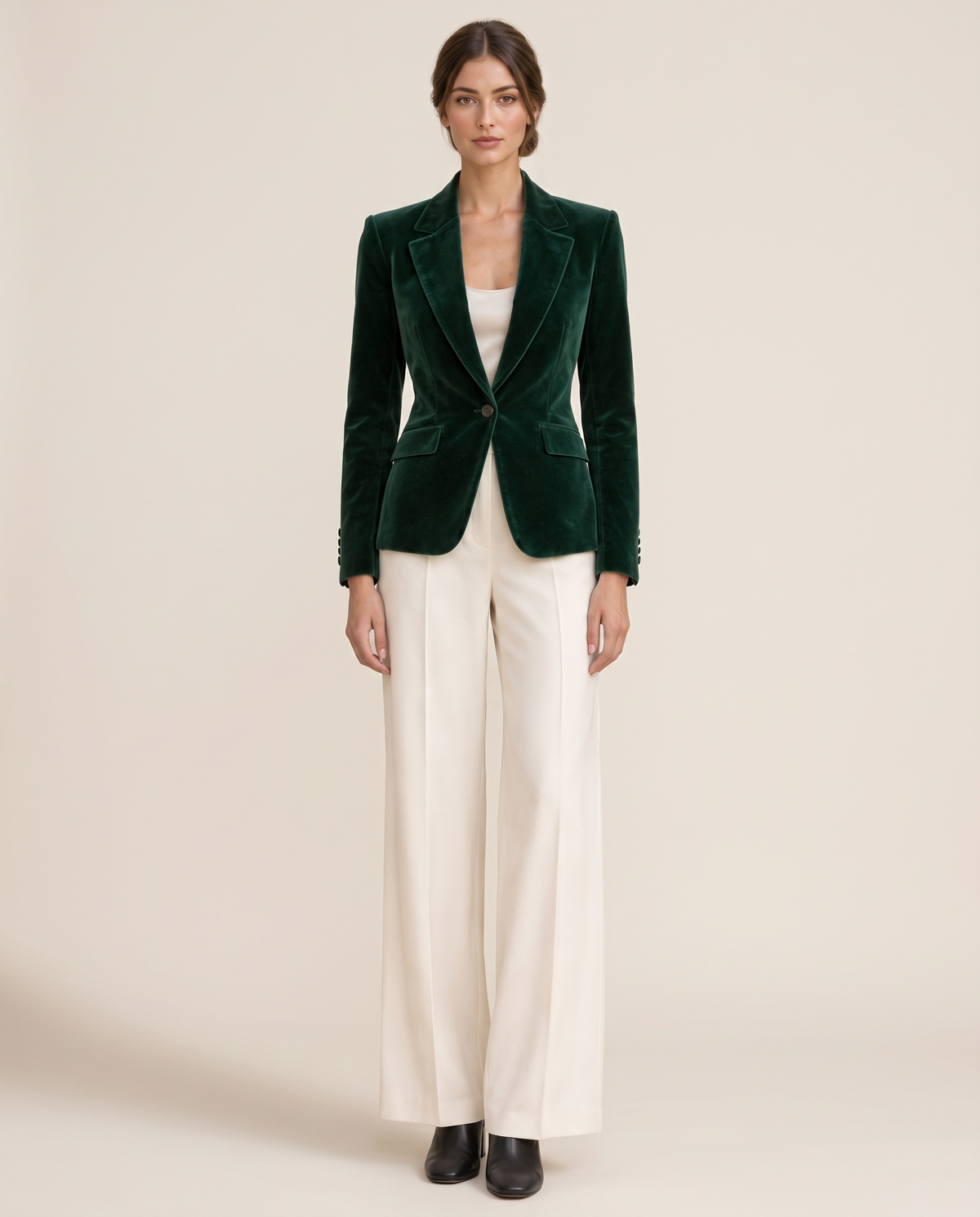 Eventide Elegant Velvet Single-Button Blazer — green, studio front
