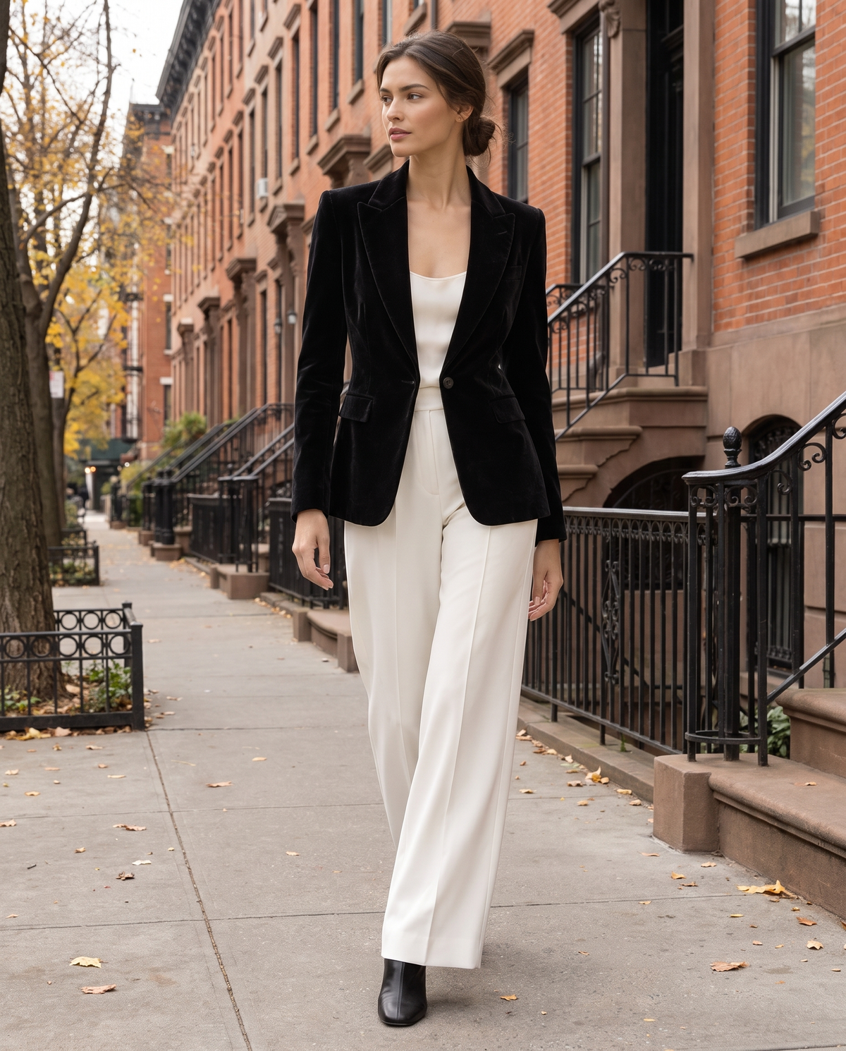 Eventide Elegant Velvet Single-Button Blazer — worn on a New York street in autumn