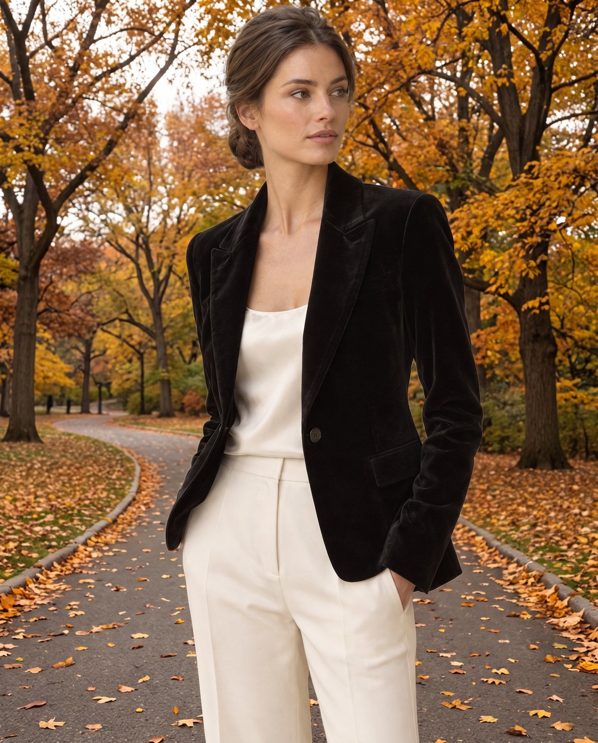 Eventide Elegant Velvet Single-Button Blazer — worn in Central Park in autumn