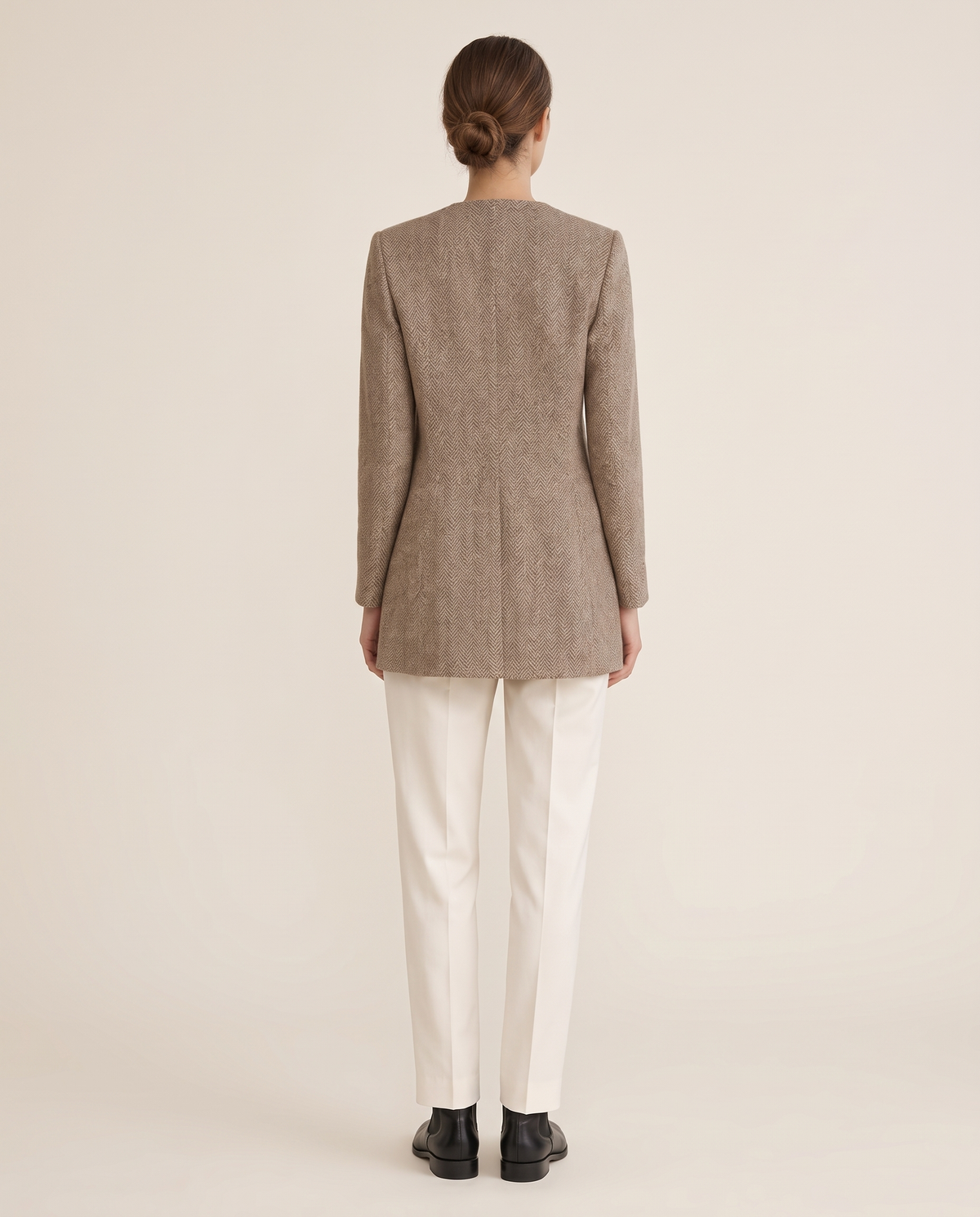 Foxley Herringbone Collarless Long Blazer — studio back