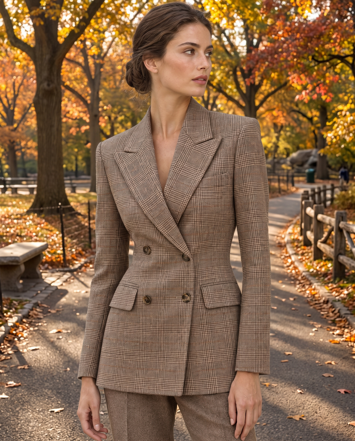 Quimper Tailored Plaid Peak Lapel Blazer — worn in Central Park in autumn