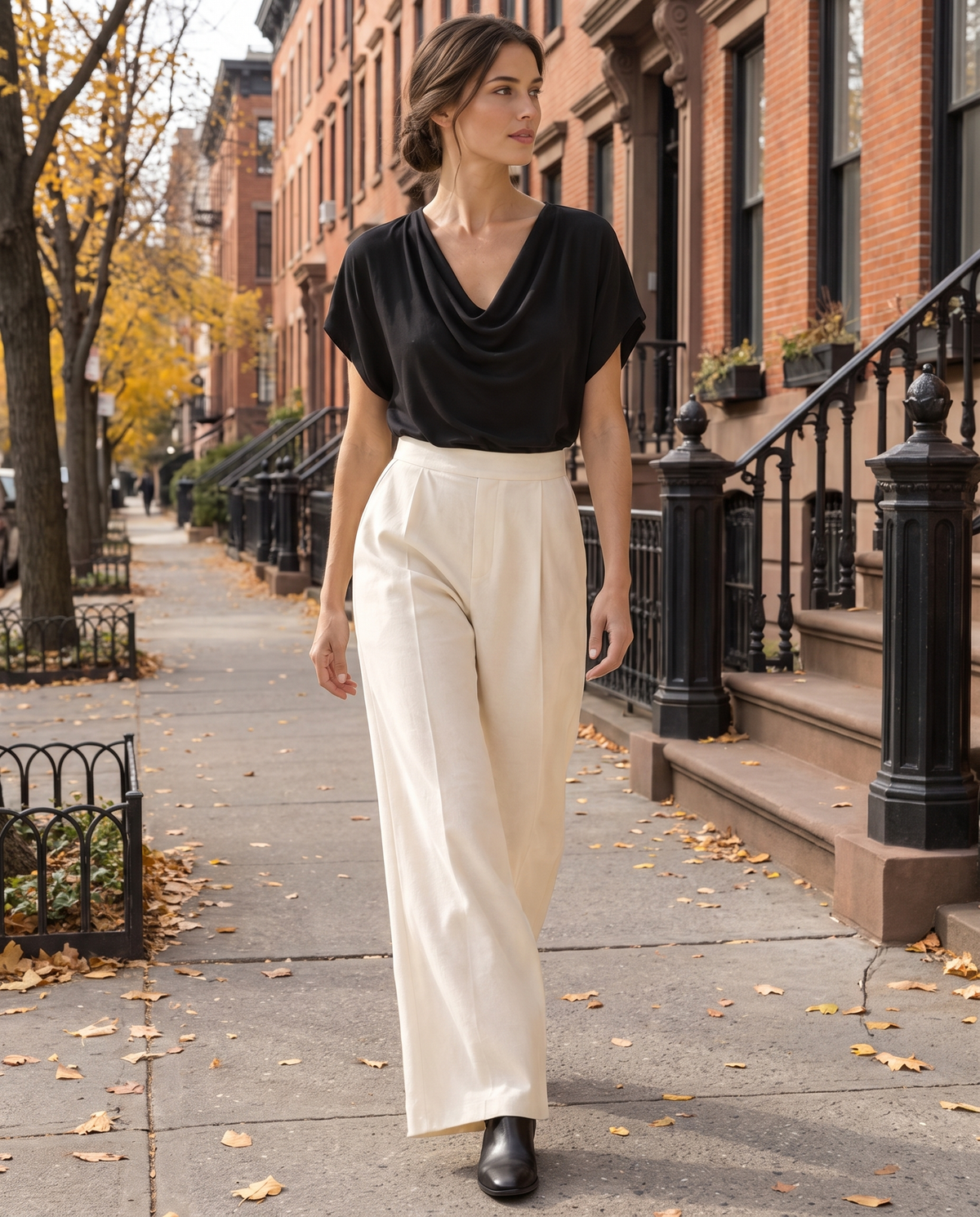 Uinta Elegant Draped Cowl Neck Top — worn on a New York street in autumn