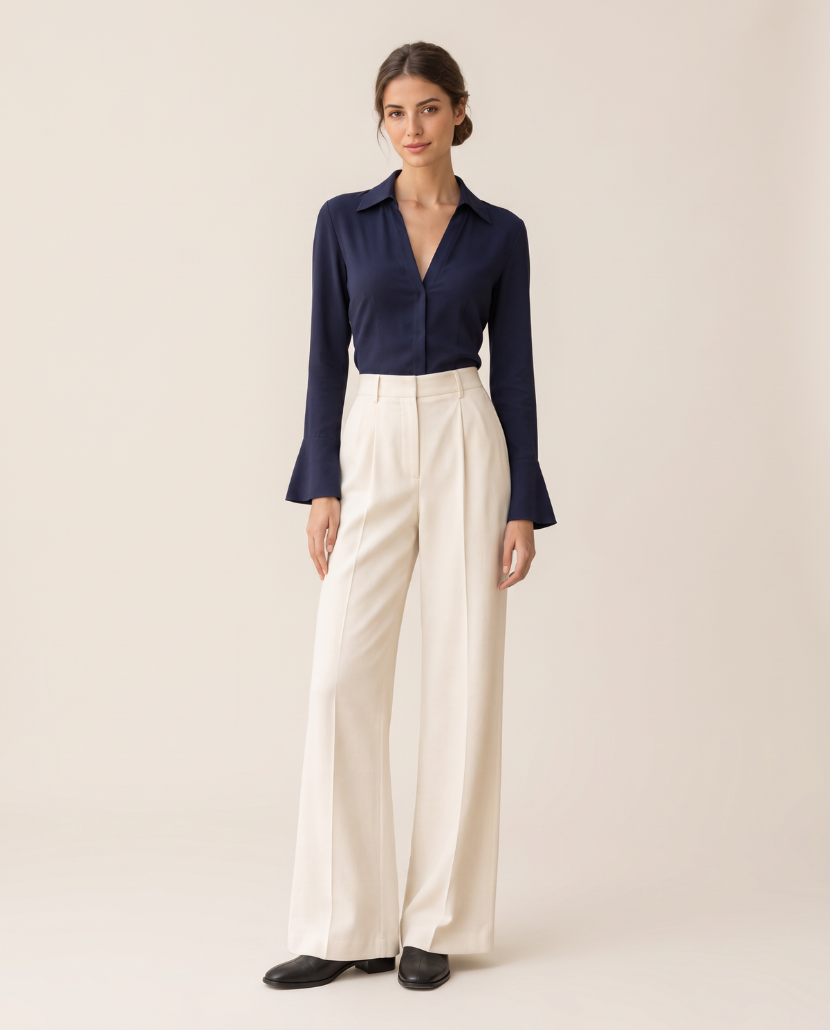 Spruce Sleek Fitted V-Neck Blouse — navy, studio front