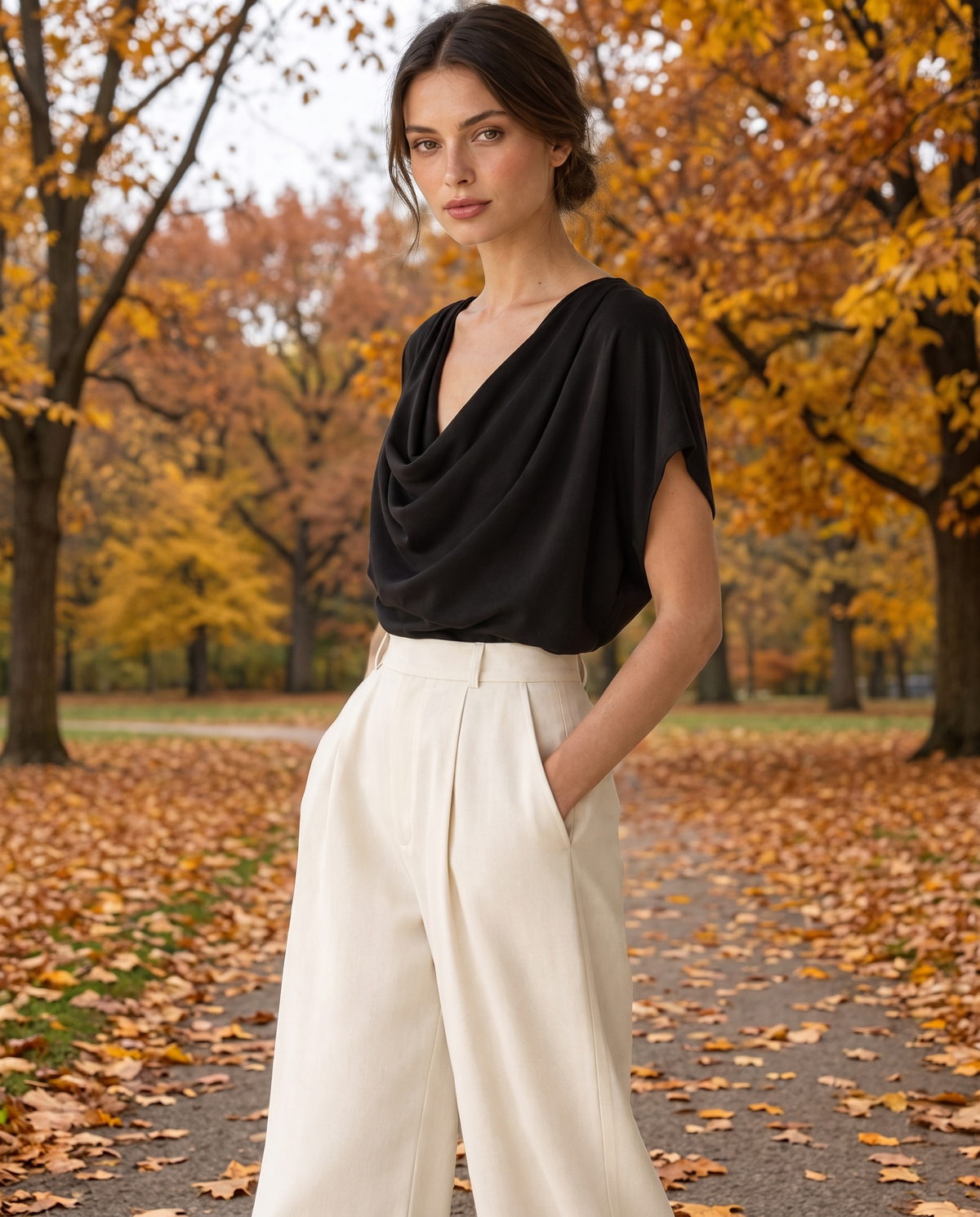 Uinta Elegant Draped Cowl Neck Top — worn in Central Park in autumn