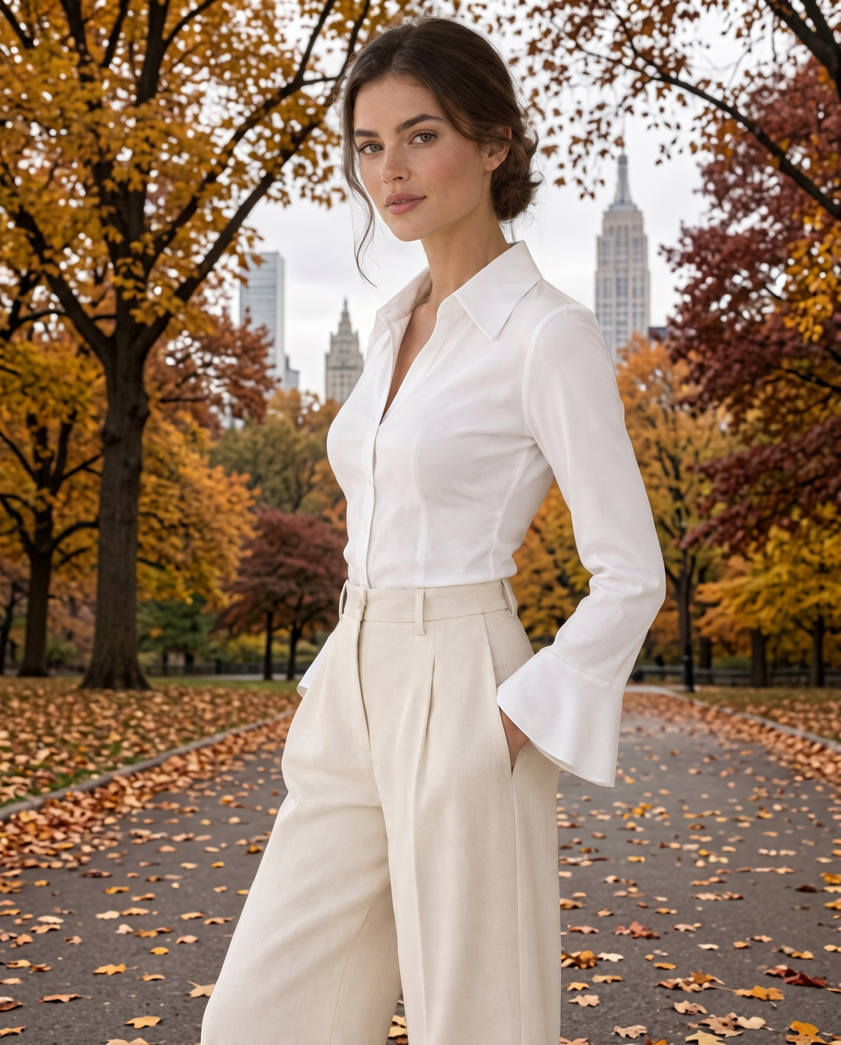 Spruce Sleek Fitted V-Neck Blouse — worn in Central Park in autumn