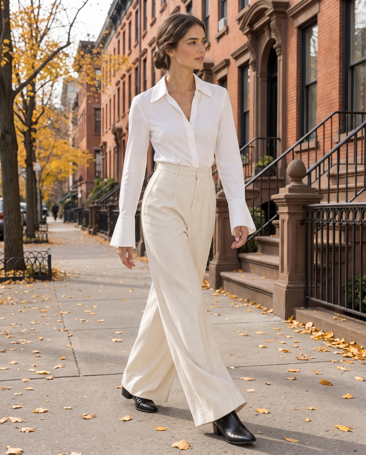 Spruce Sleek Fitted V-Neck Blouse — worn on a New York street in autumn