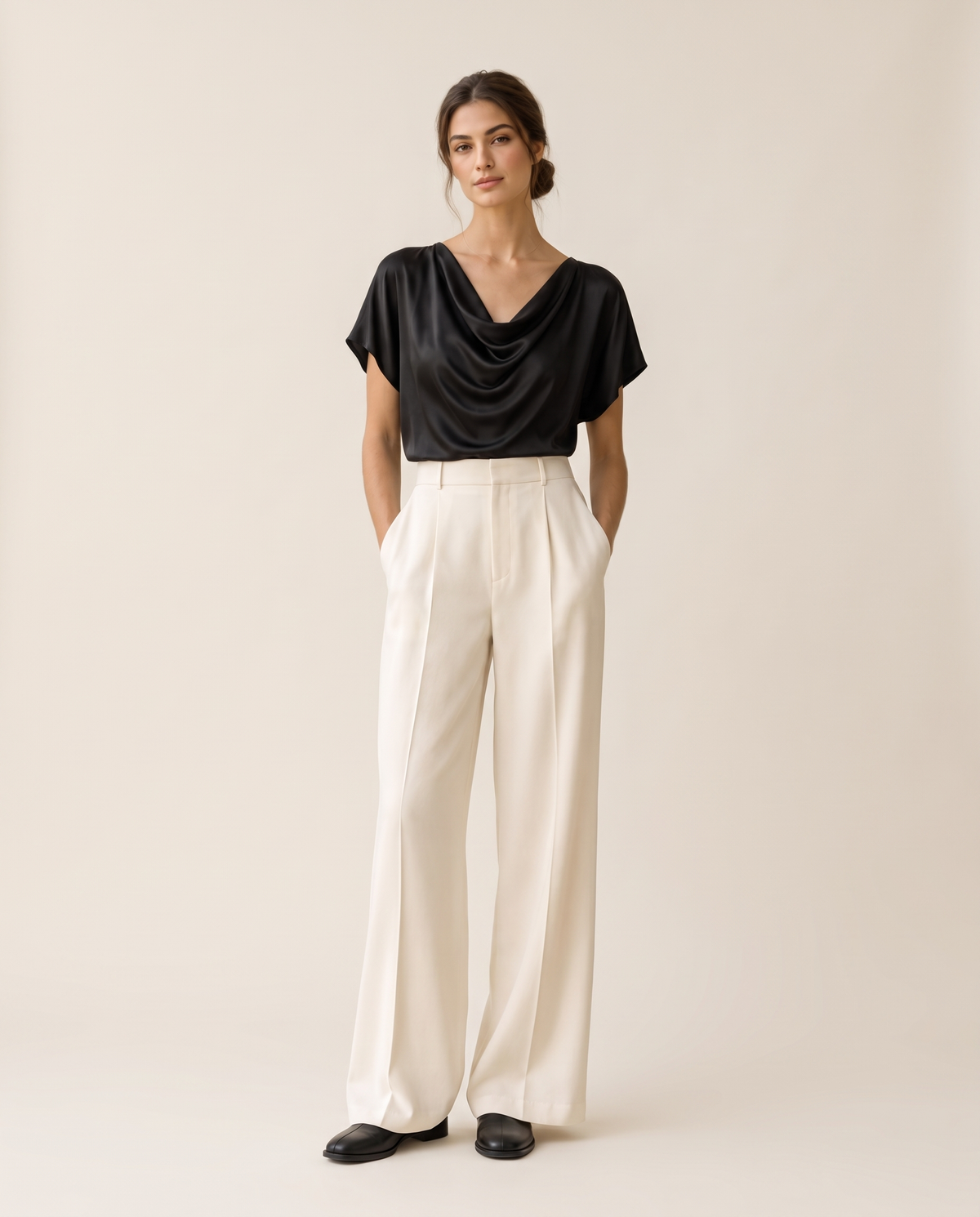 Uinta Elegant Draped Cowl Neck Top — studio front