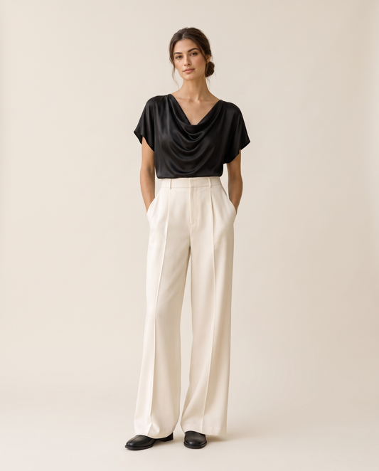 Uinta Elegant Draped Cowl Neck Top — studio front