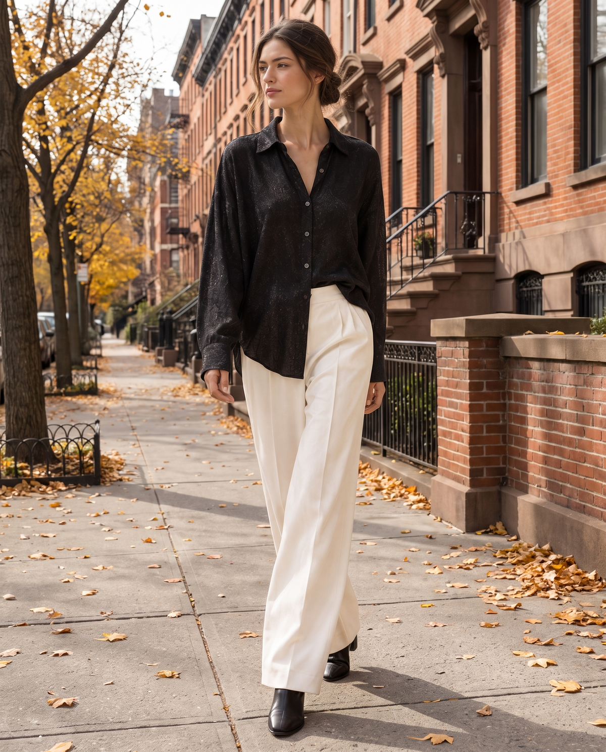 Snowline Elegant Shimmer Long Sleeve Blouse — worn on a New York street in autumn