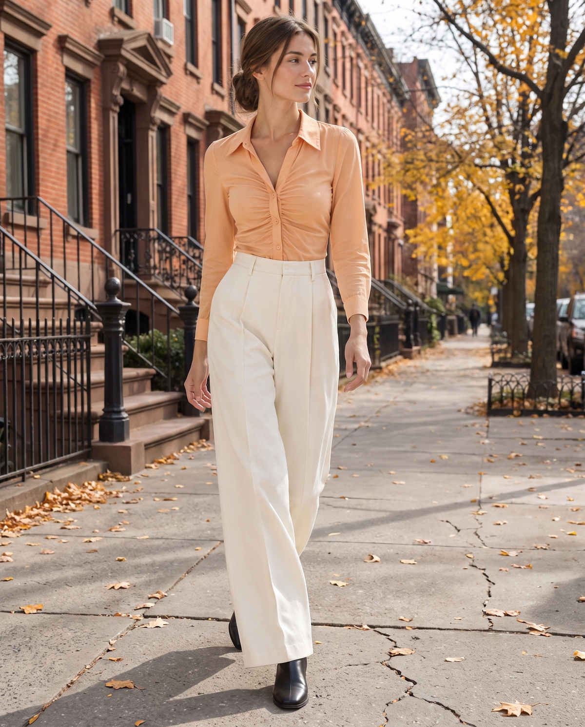 Cotswold Fitted Ruched Front Blouse — worn on a New York street in autumn