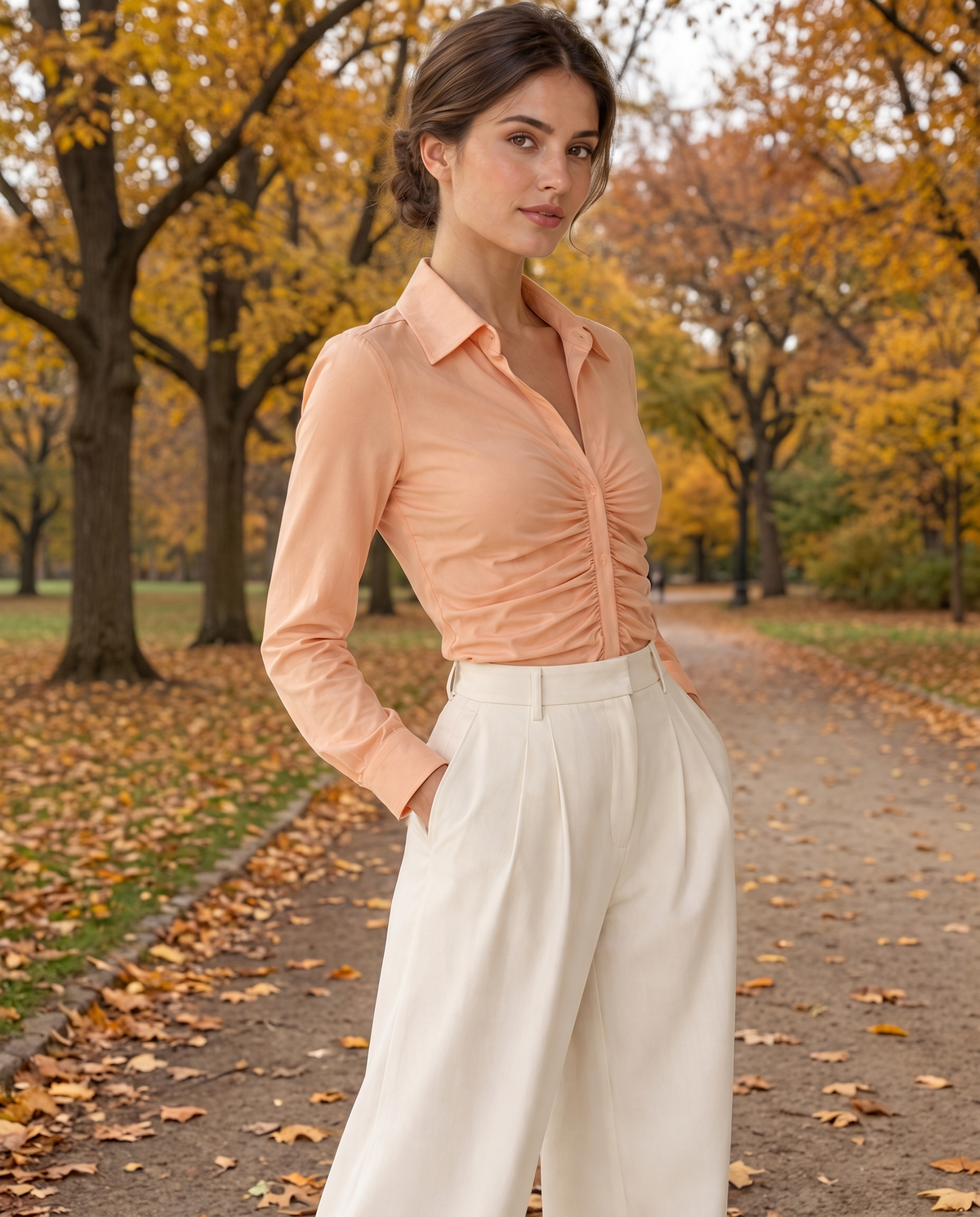 Cotswold Fitted Ruched Front Blouse — worn in Central Park in autumn