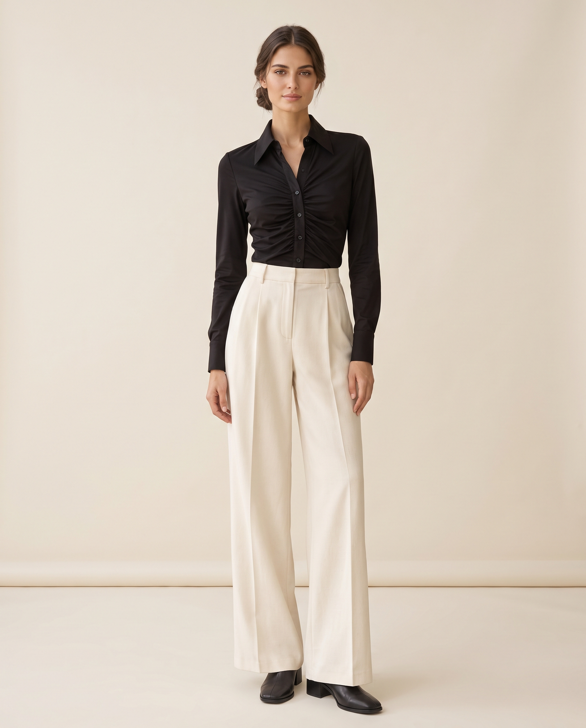 Cotswold Fitted Ruched Front Blouse — black, studio front