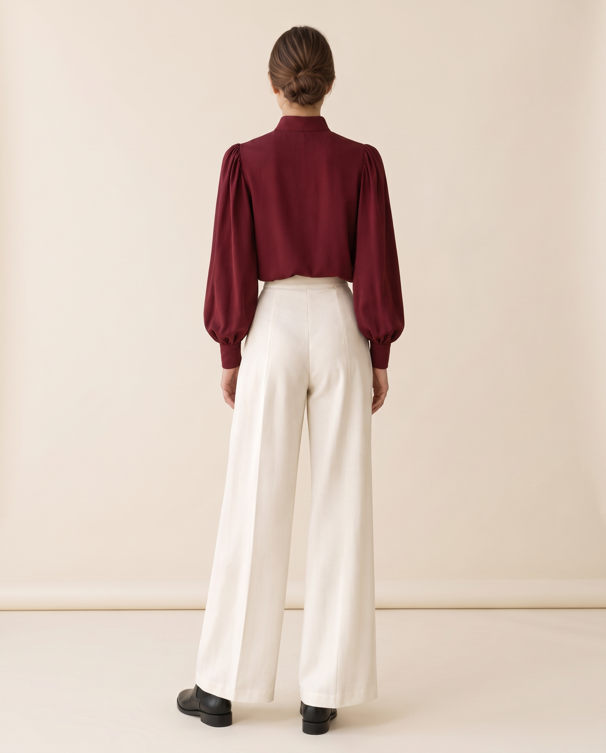 Covent Elegant Pleated Mock Neck Blouse — studio back