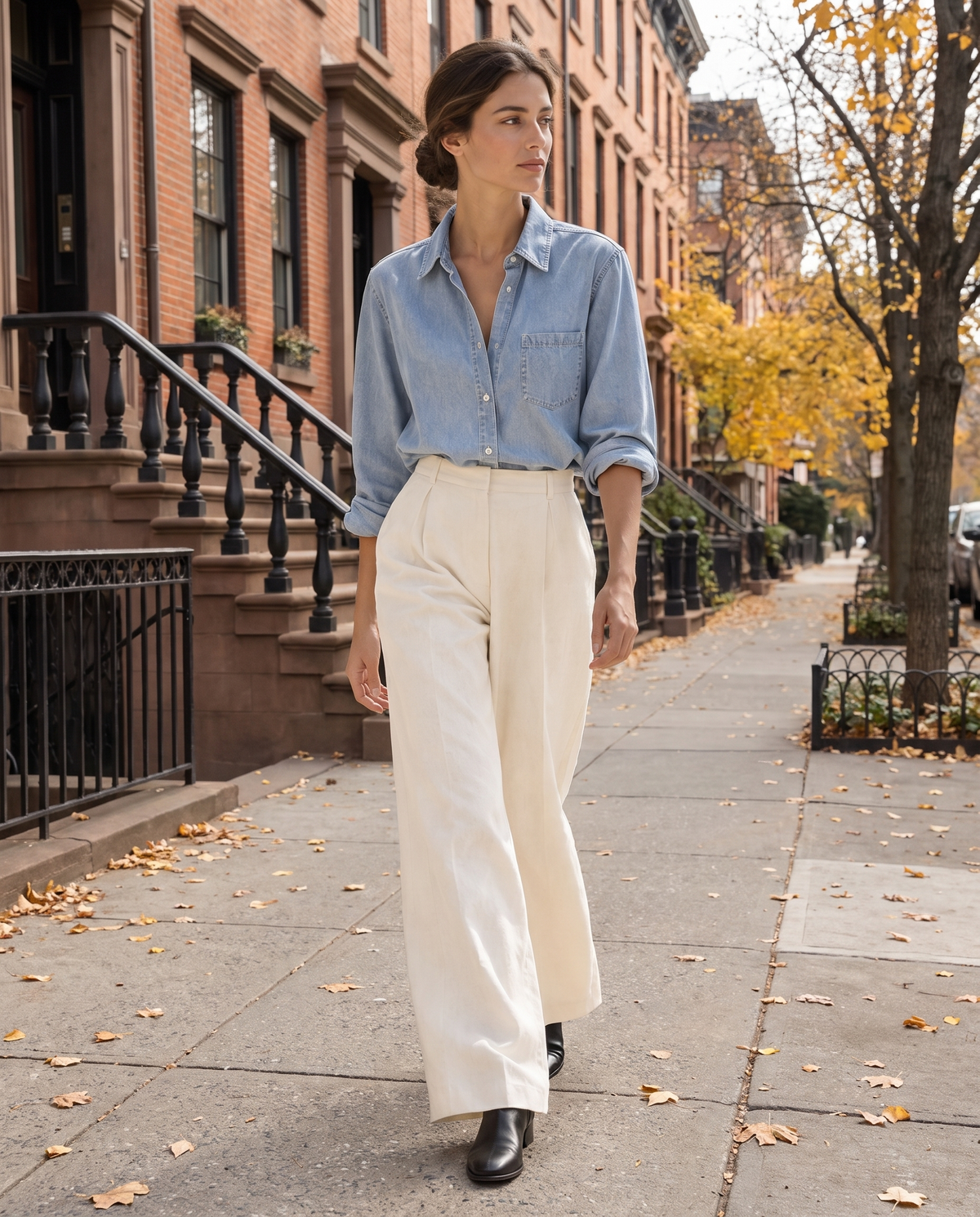 Logan Loose Denim Shirt — worn on a New York street in autumn