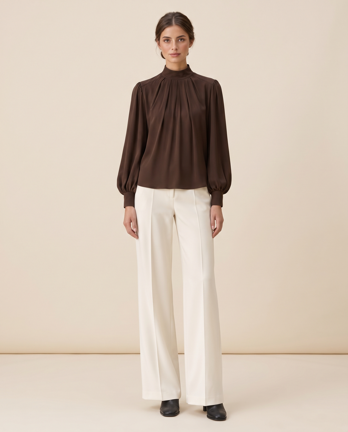 Covent Elegant Pleated Mock Neck Blouse — dark chocolate, studio front