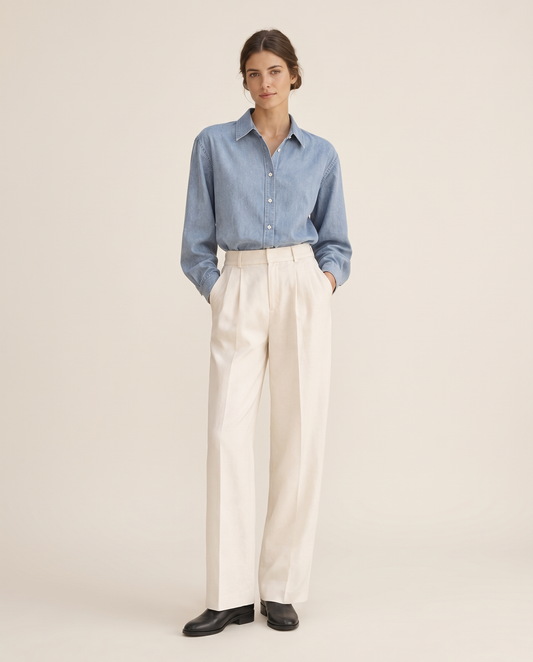 Logan Loose Denim Shirt — studio front