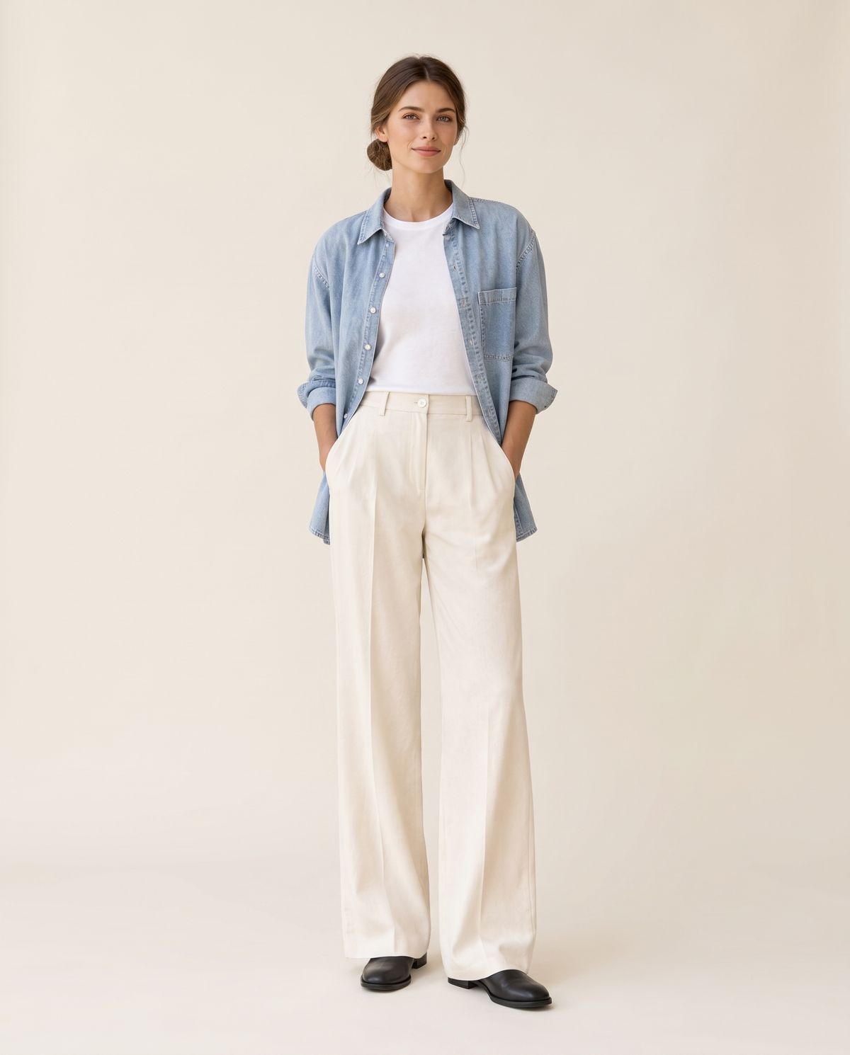 Logan Loose Denim Shirt — worn open as a layer, studio