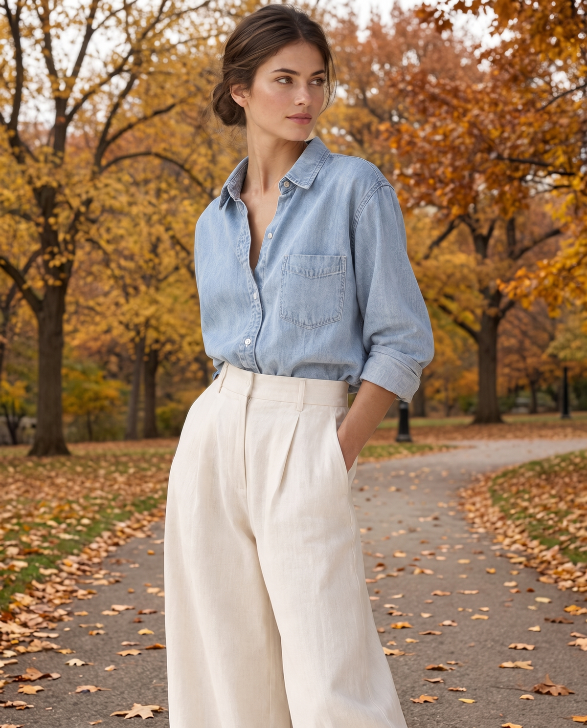 Logan Loose Denim Shirt — worn in Central Park in autumn