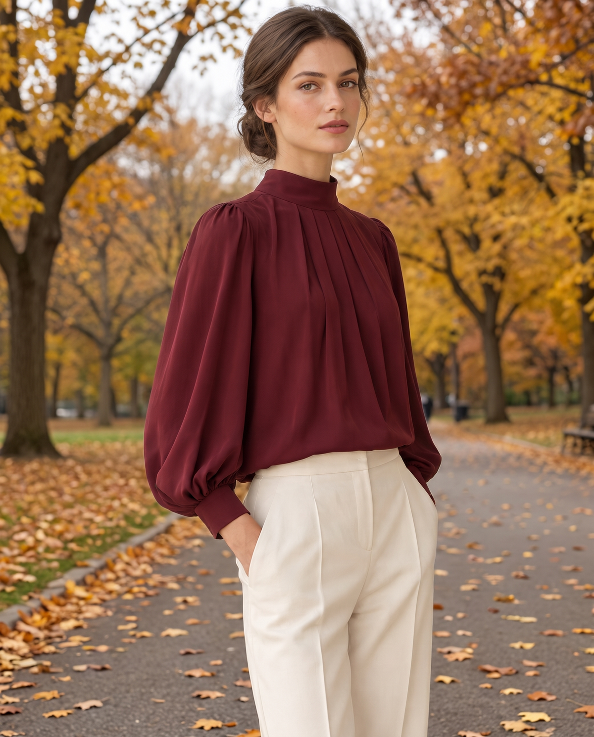 Covent Elegant Pleated Mock Neck Blouse — worn in Central Park in autumn
