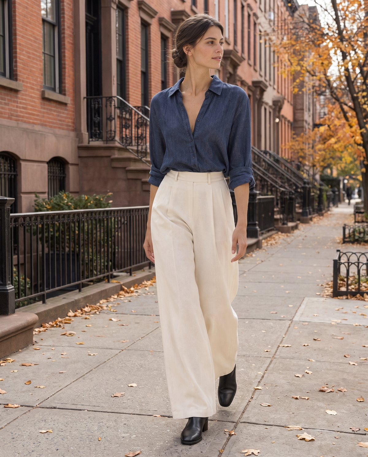 Amelie Denim-Look Blouse — worn on a New York street in autumn