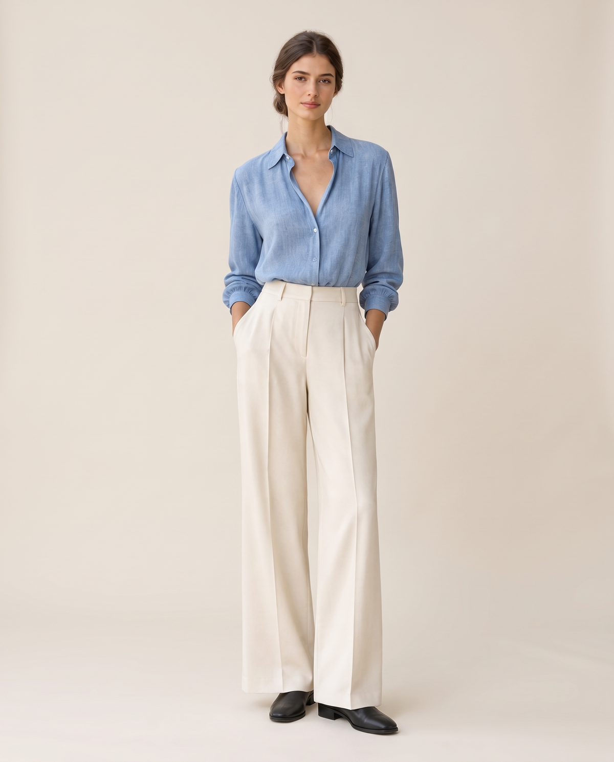 Amelie Denim-Look Blouse — light blue, studio front