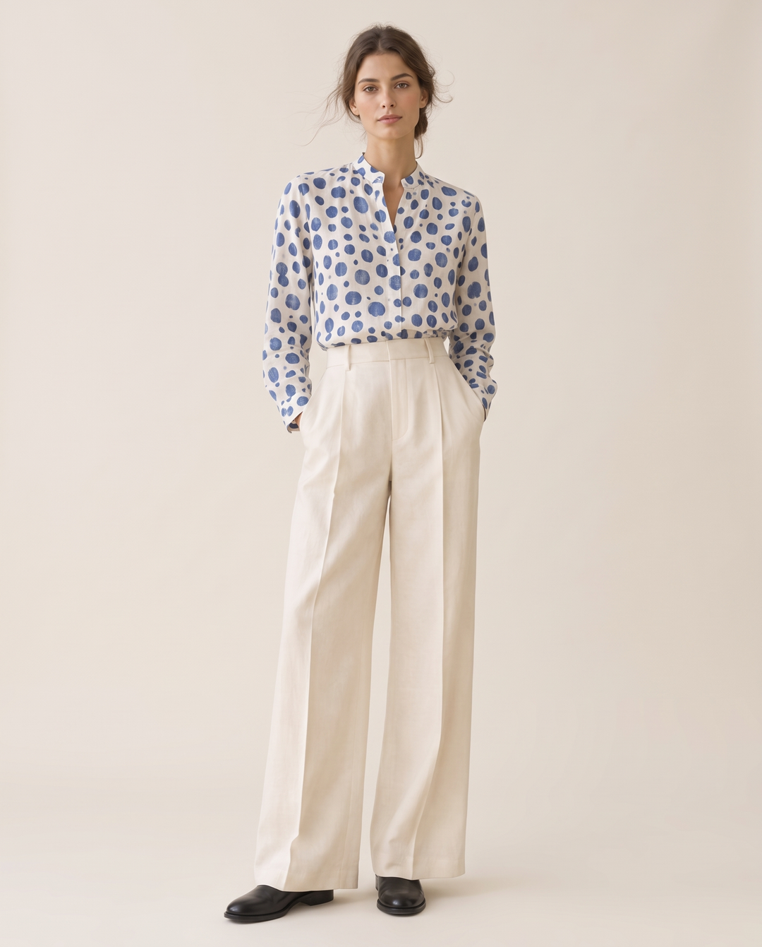 Wexford Polka Dot Stand-Collar Top — studio front