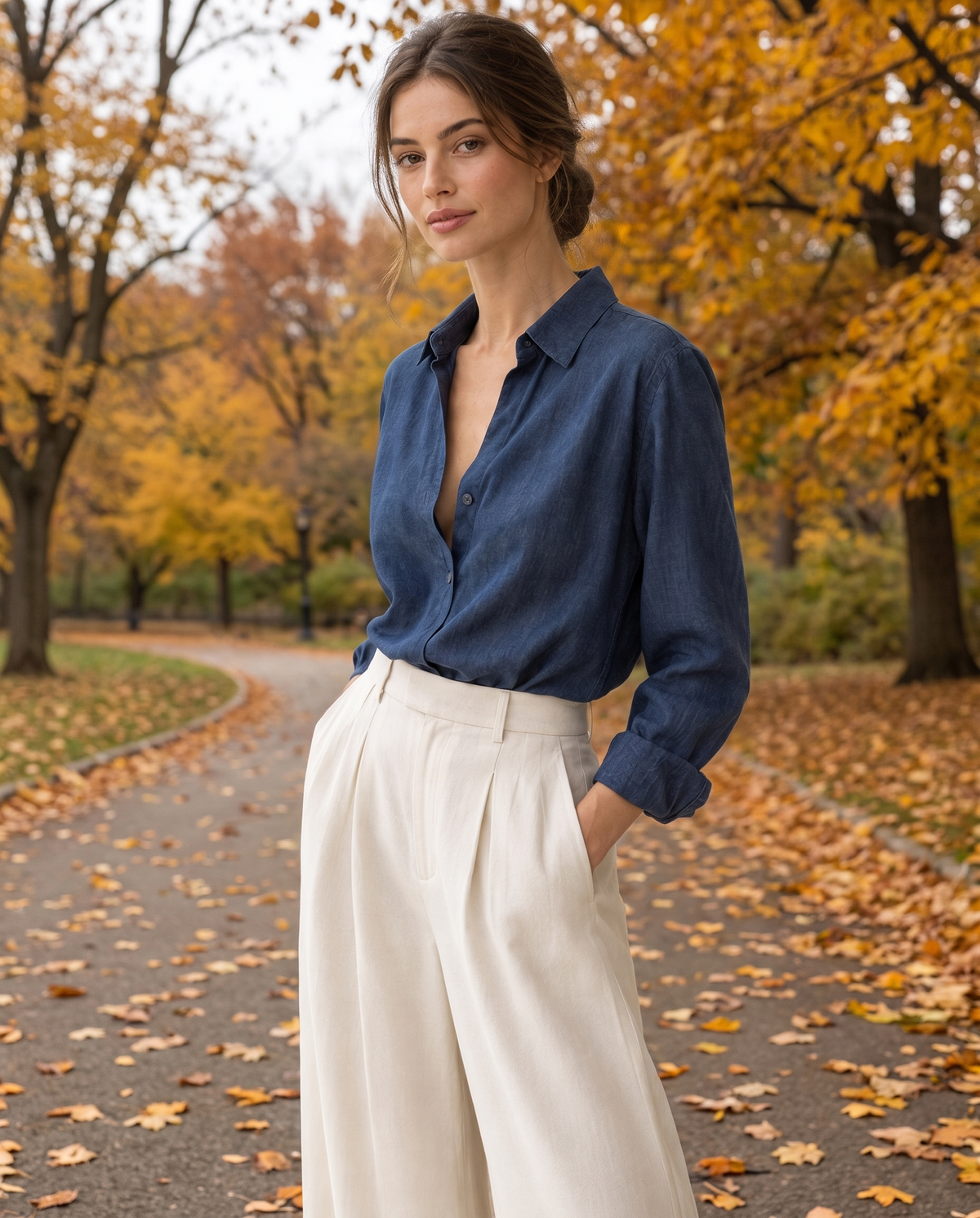 Amelie Denim-Look Blouse — worn in Central Park in autumn