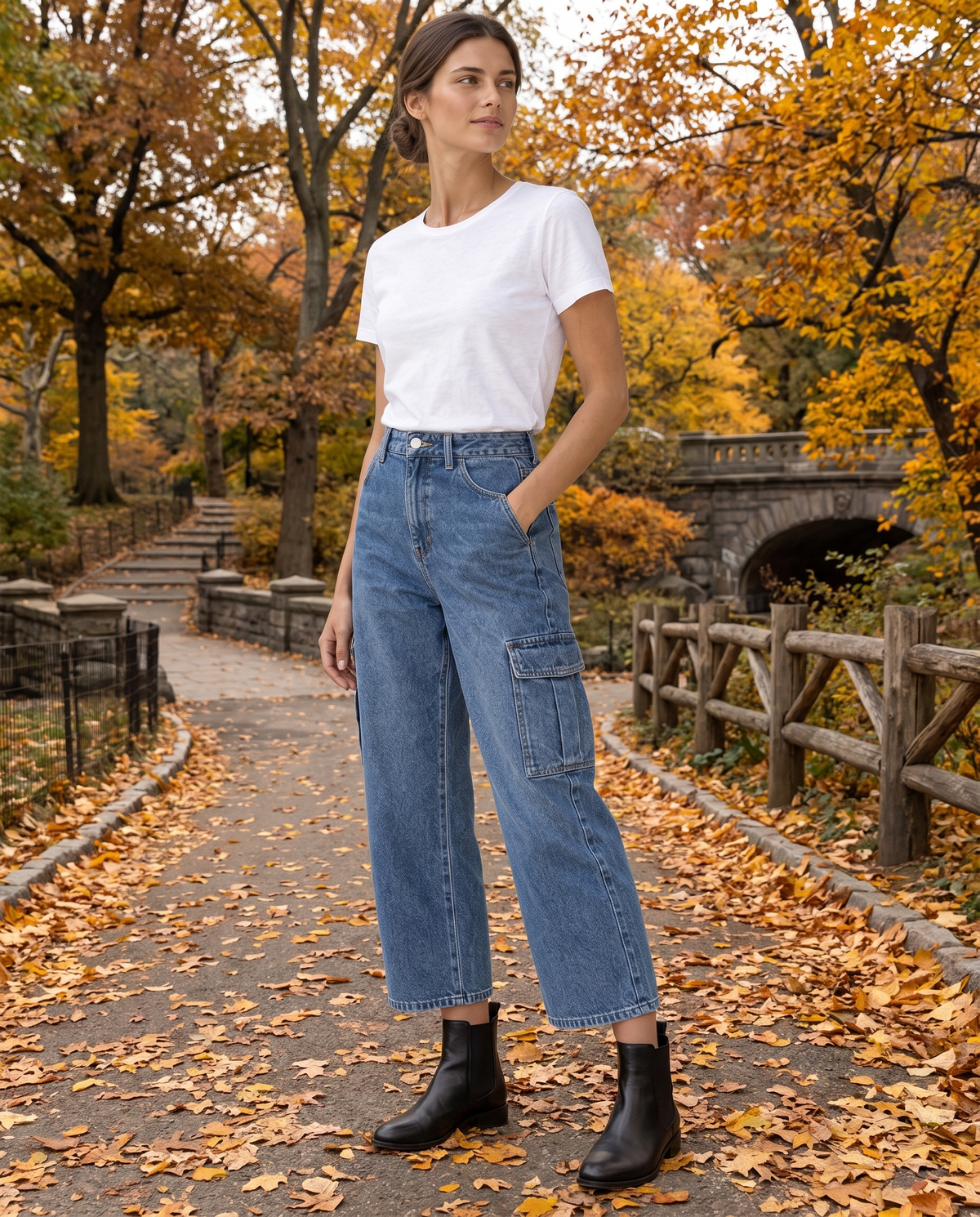 Beartooth Relaxed Cropped Cargo Jeans — worn in Central Park in autumn