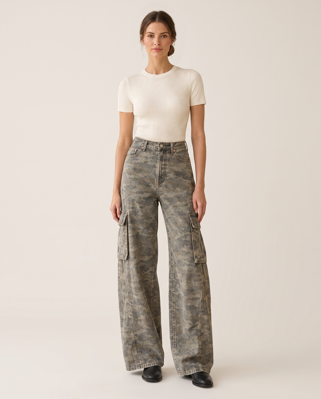 Calpurnia Wide Leg Cargo Jeans — studio front
