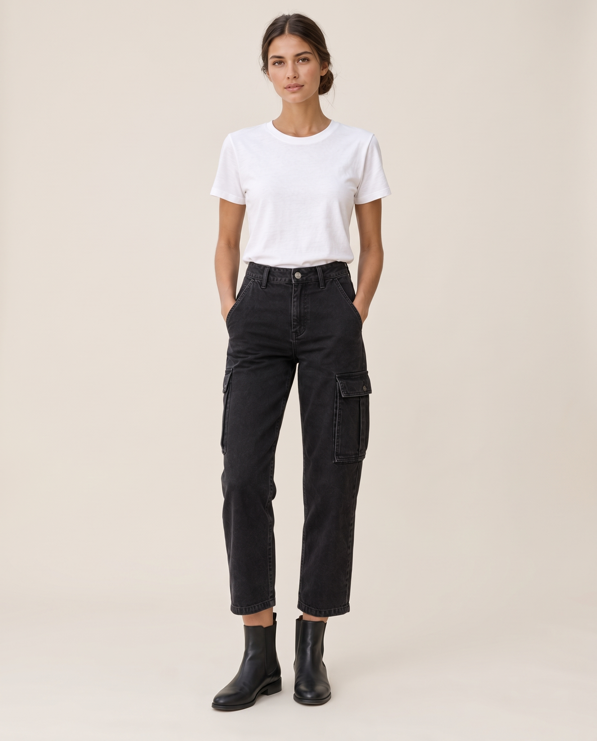 Beartooth Relaxed Cropped Cargo Jeans — black, studio front