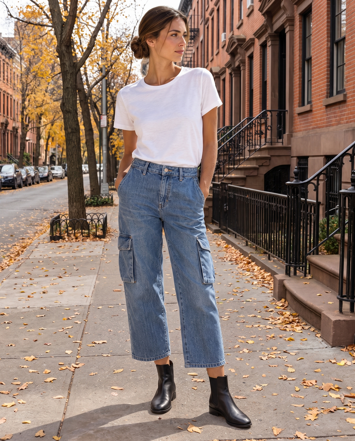 Beartooth Relaxed Cropped Cargo Jeans — worn on a New York street in autumn