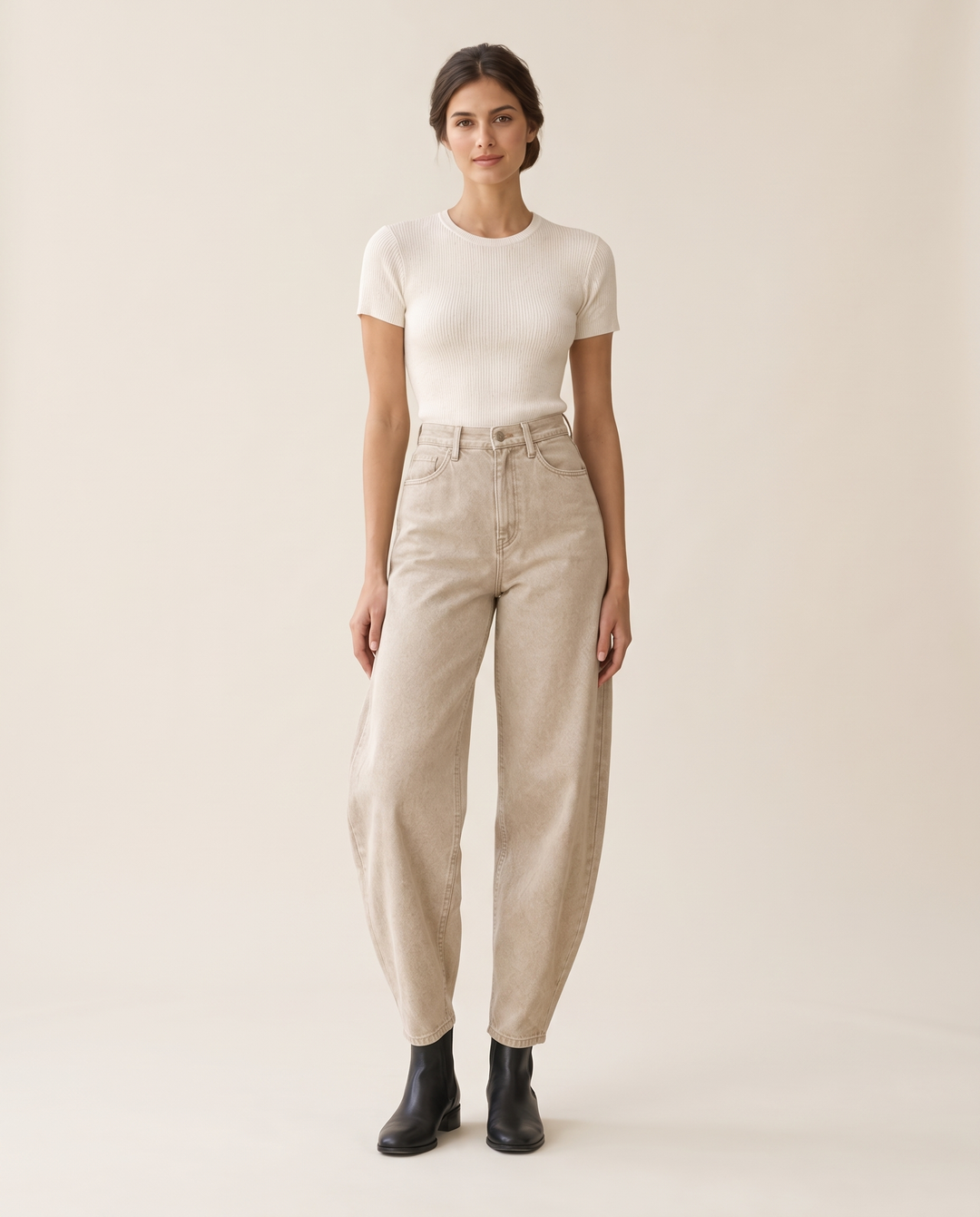 Kinsley High Waisted Barrel Leg Jeans — studio front